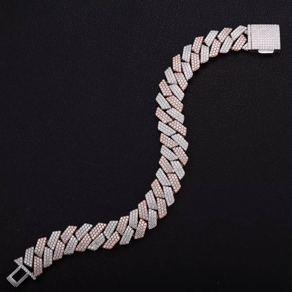 New Product Two 2 Tone Rose Gold and White 3 Row 15mm VVS Moissanite Bracelet 925 Solid Sterling Silver Cuban Chain Link Men