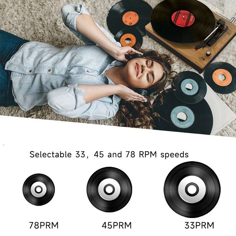 E200 , Turntable, Record Player with 2 Stereo Speakers, Wireless 3-Speed 33/45/78RPM, Support Headphone Jack/USB/AUX-IN/RCA-Out