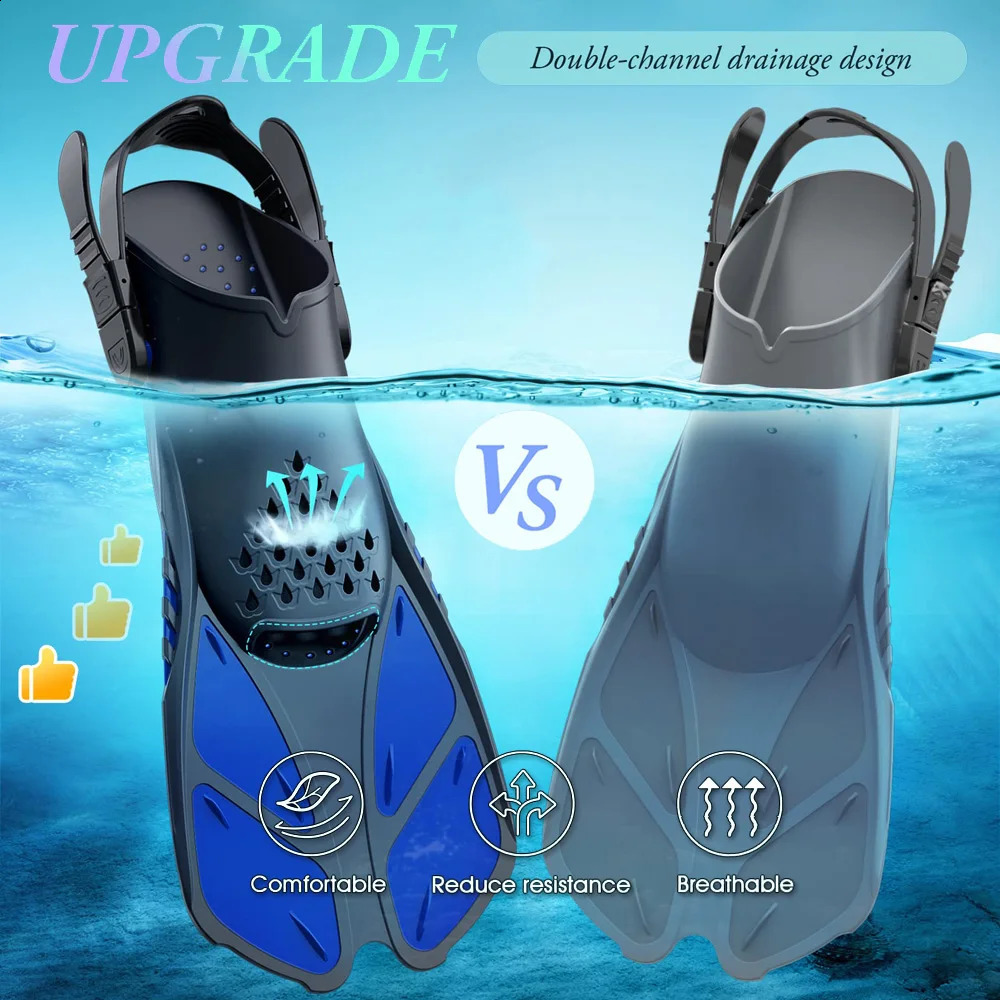 Snorkel Fins Adjustable Buckles Swimming Flippers Short Silicone Scuba Diving Shoes Open Heel Travel Size Adult Men Womens 250411