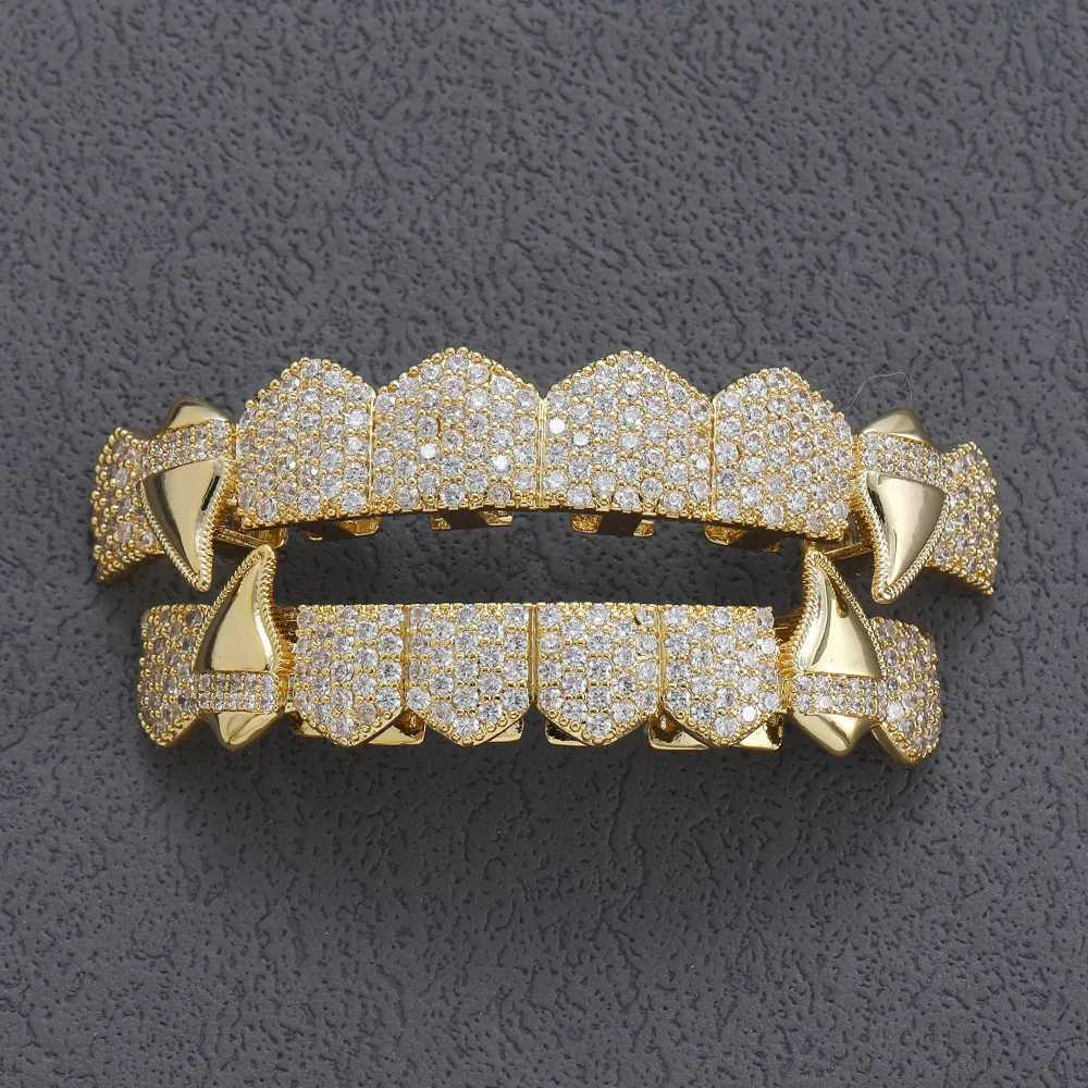 Htpwe Hip Hop Full CZ Stones Teeth Grillz Hat Cube Zircon Ice Out Mini Paving Mens and Womens Jewelry Top and Bottom Charm Grill W250412