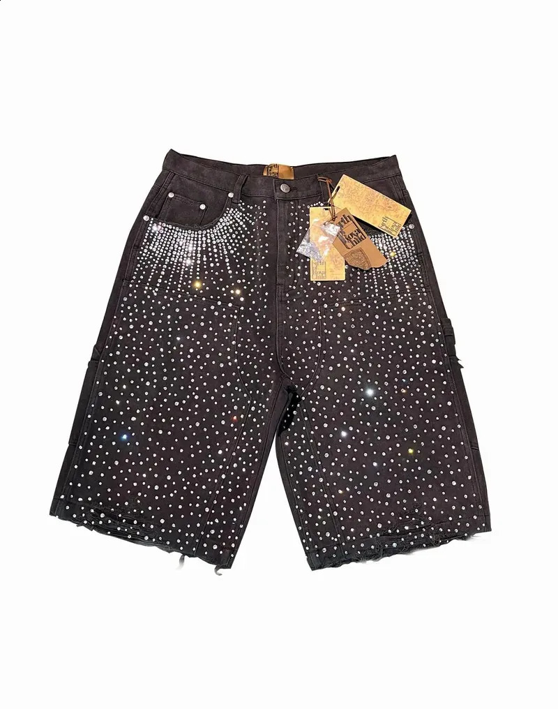 Streetwear Retro Ripped Denim Shorts Men Women Harajuku Hip Hop Punk Twinkle Rhinestone Short Jeans Gothic Brown Baggy Shorts 250411