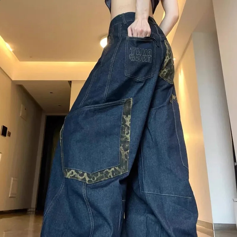 Deeptown Y2K vintage womens jeans large pocket curved knife leopard wide leg denim cargo pants Harajuku bagged autumn mens clothing 250410