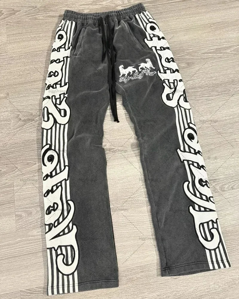 style simple and versatile fashion trendy sweatpants Hip-hop street striped letter print oversized baggy pants for mens 250411