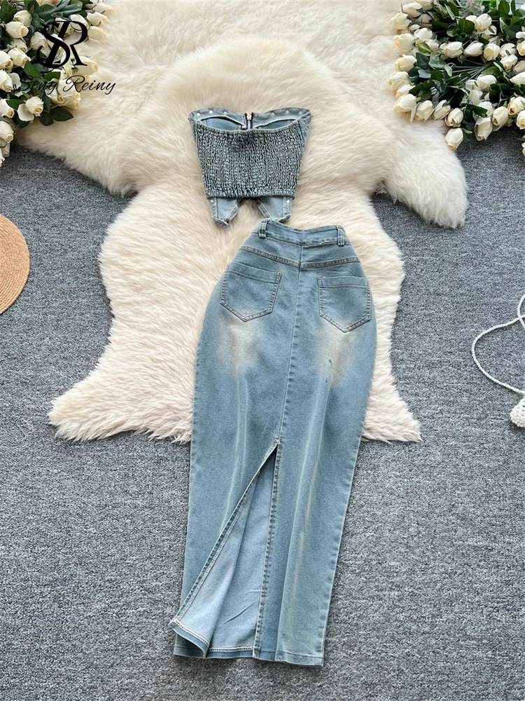SINGREINY American Retro sweet Sets Women Zipper Rivet Skinny TopHigh Waist Split Bodycon Skirt Streetwear Denim 2pcs Suits 250411