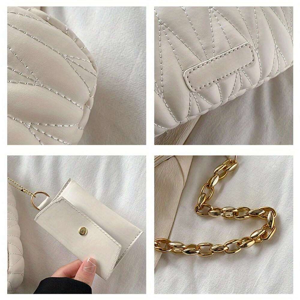 Argyle Quilted Ruched Crescent Fashion Chain Shoulder Bag, Women's Handbag With Coin Purse For Summer