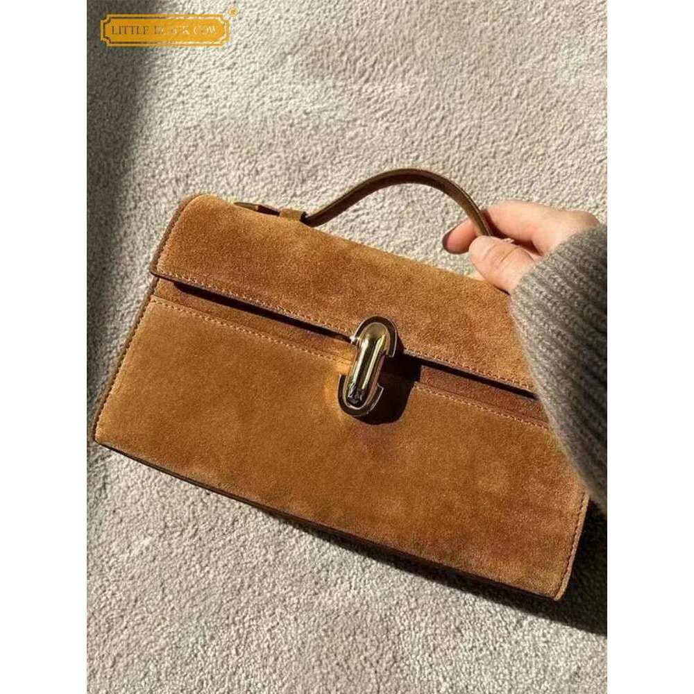New Women Fashion Tote Handbag Cowskin Hasp Flap Casual Solid Color Vintage Suede Satchels Office Ladies Elegant Small Bags