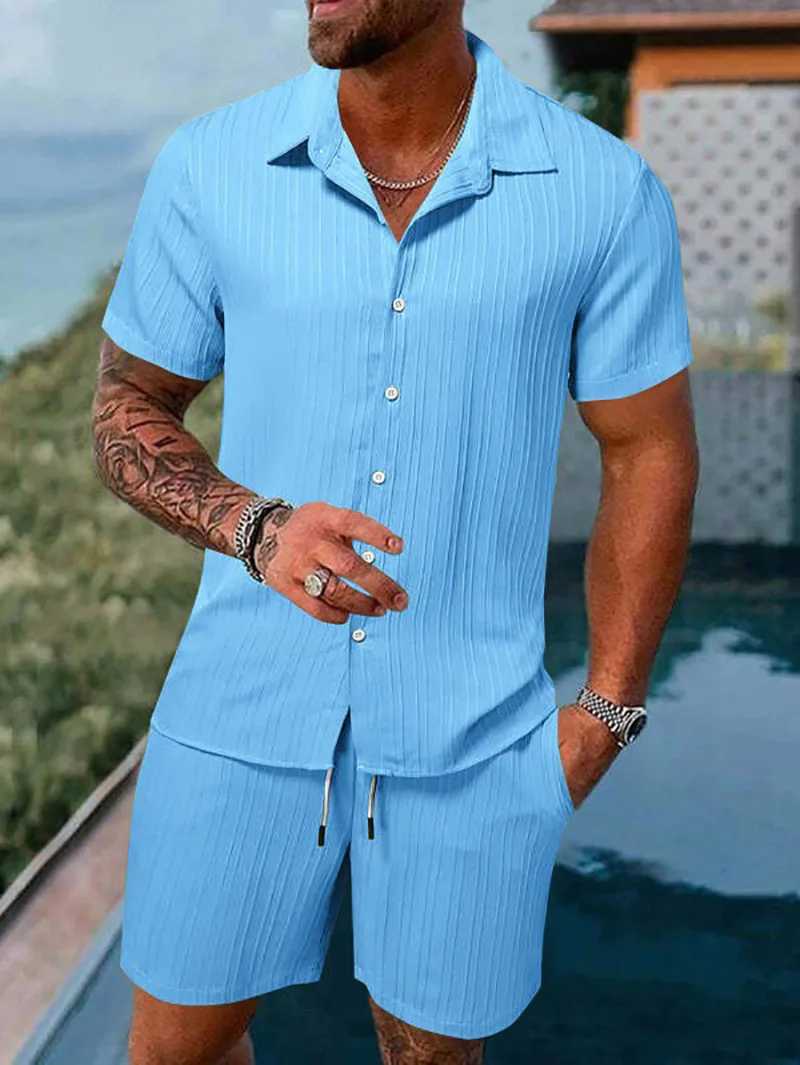Spring and summer new mens sports polo casual solid color loose short sleeved drawstring shorts cardigan striped sportswearXJ250412