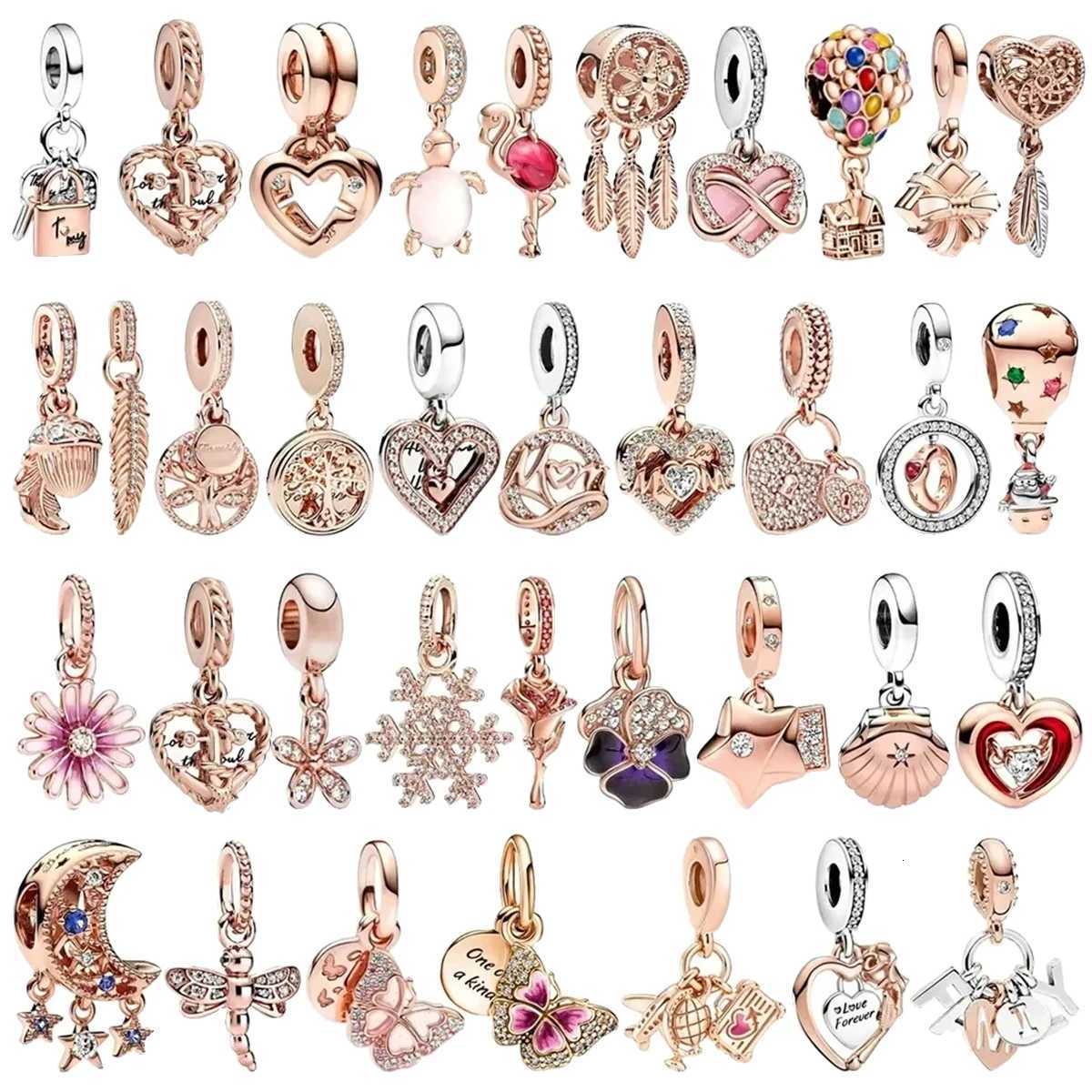 Fine Jewelry Rose Gold Family Tree Animal Mother Flower Original 925 Silver Beads Charms for Necklace DIY Bracelet Women Gift W251112