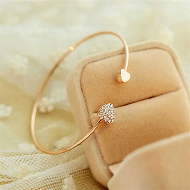2019 Hot New Fashion Adjustable Crystal Double Heart Bow Bilezik Cuff Opening Bracelet For Women Jewelry Gift Mujer PulserasC250411