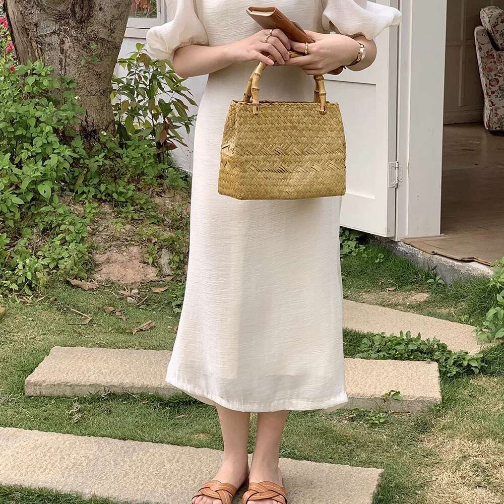 Vintage Handbag Bamboo Knot Wooden Handle Water Grass Woven Women Seaside Vacation Travel Beach Bag Picnic Vegetable Basket
