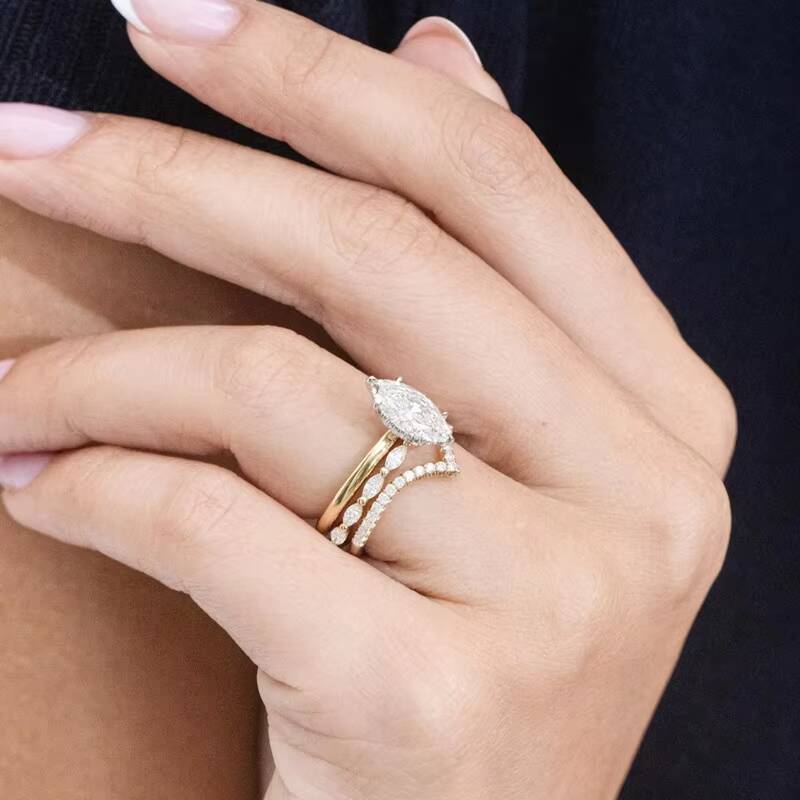 Customized 18K Yellow Gold 2CT Marquise Diamond with Hidden halo Wedding Ring Band Moissanite Jewelry Rings Set