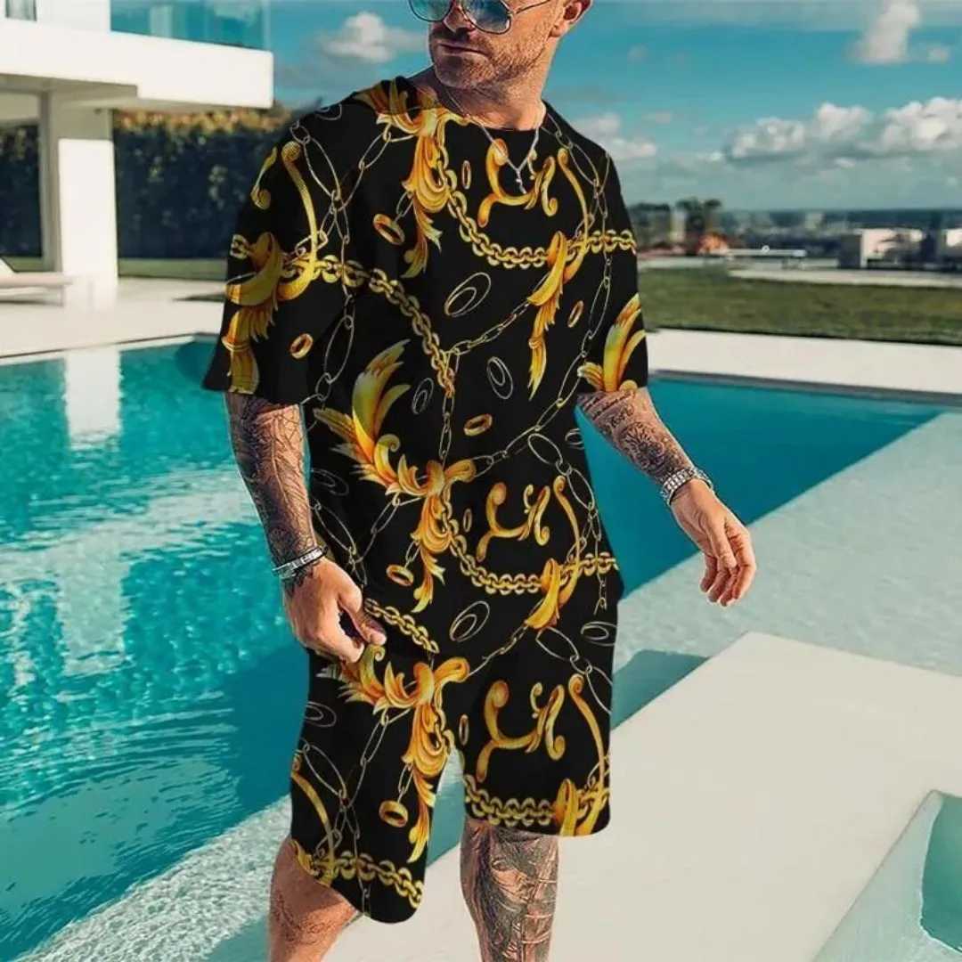 2025 Summer New Mens Luxury Gold Pattern Sports Shirt 3D Printed Short Sleeve T-shirt Set Fashion Casual Mens T-shirt Double PiXJ250412