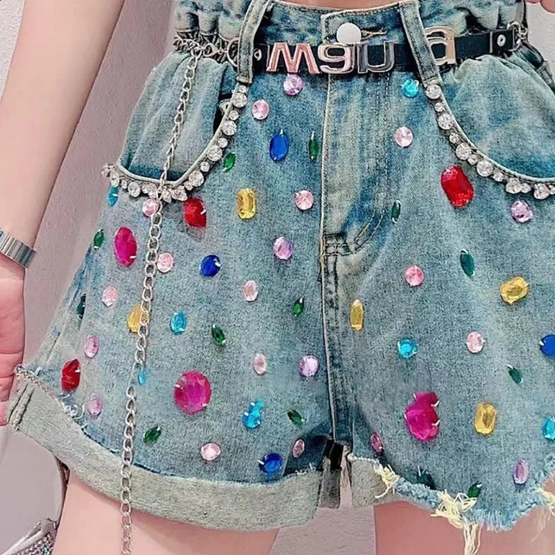 Bling Diamond Denim Shorts Womens Streetwear n Hole Sequin Fashion All-Matched Jeans Shorts Summer Casual Loose Pants 250411