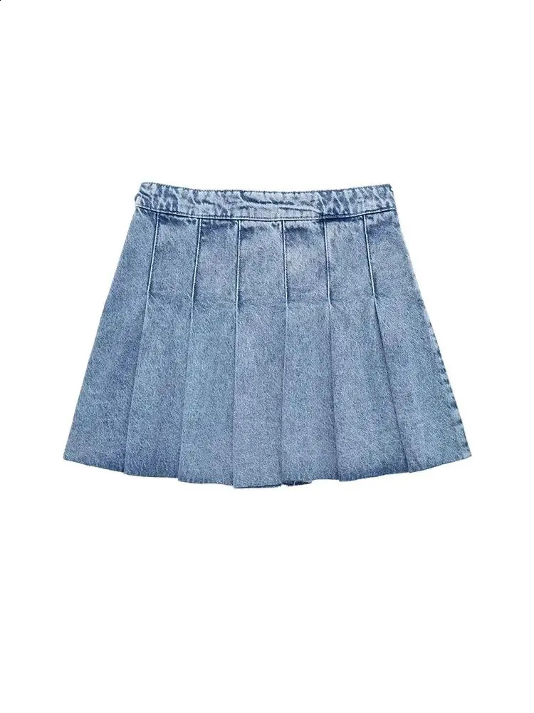 TRZA Women Fashion Wide Pleated Denim Mini Skirt Vintage High Waist Side Zipper Female Skirts Mujer 250407