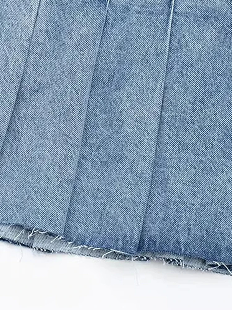 TRZA Women Fashion Wide Pleated Denim Mini Skirt Vintage High Waist Side Zipper Female Skirts Mujer 250407