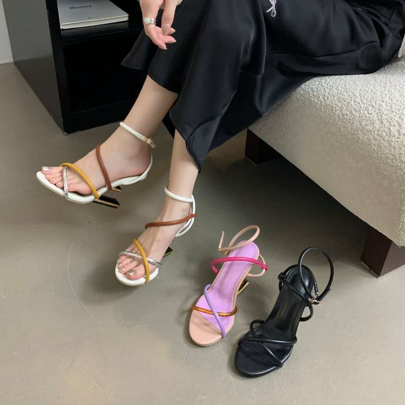 2025 New Product Star Same Style~Irregular Women's Shoes Colorful Cross Belt Color Matching Temperament High Heel Sandals for Women