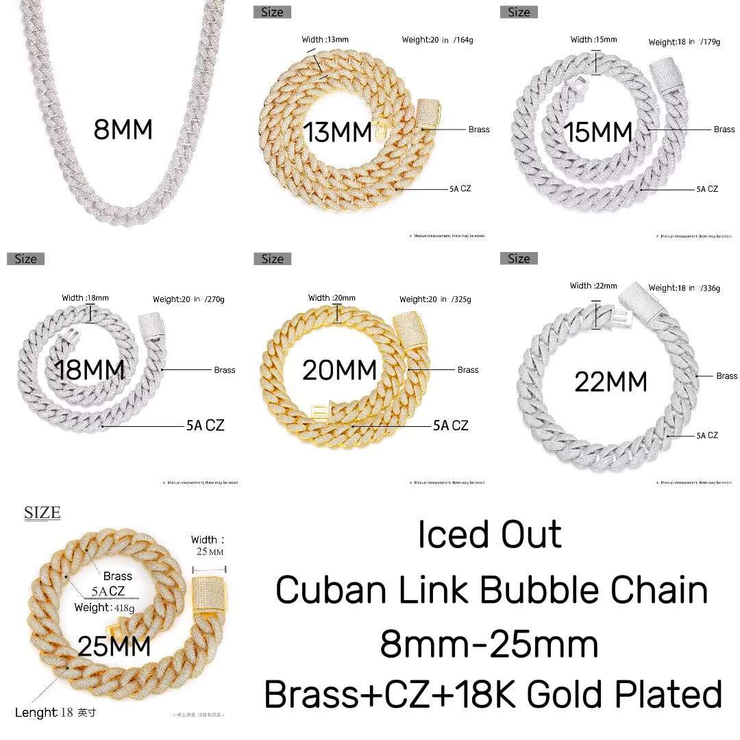 Mens Iced Out Cuban Link Chain Bracelet Set 18K Gold Plated Hip Hop Jewelry Full 5A CZ Diamond Bling Bubble Chain Brass Necklace