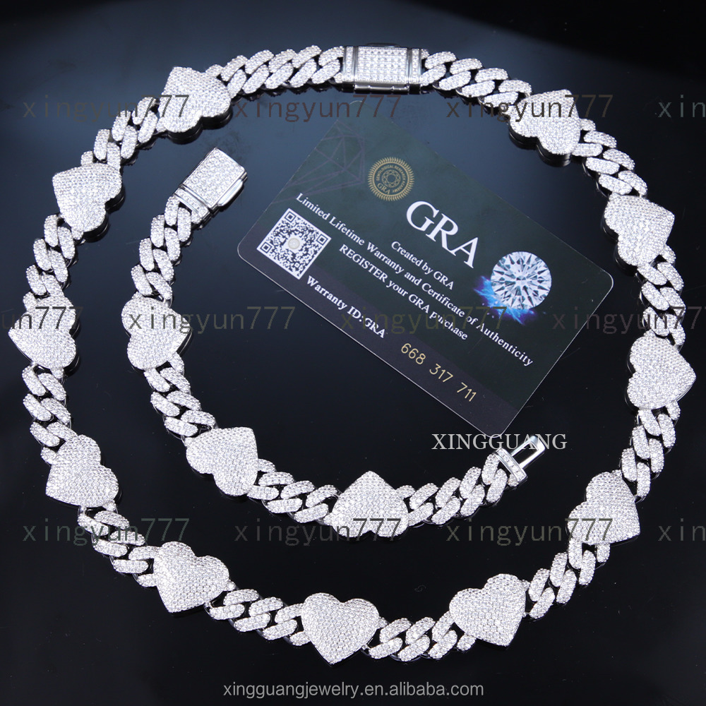 Cuban Chain Moissanite Diamonds 8MM 10MM 12MM Iced Out Hip Hop Heart Cuban Link Chain 925 Silver Plated 18K Gold Necklace