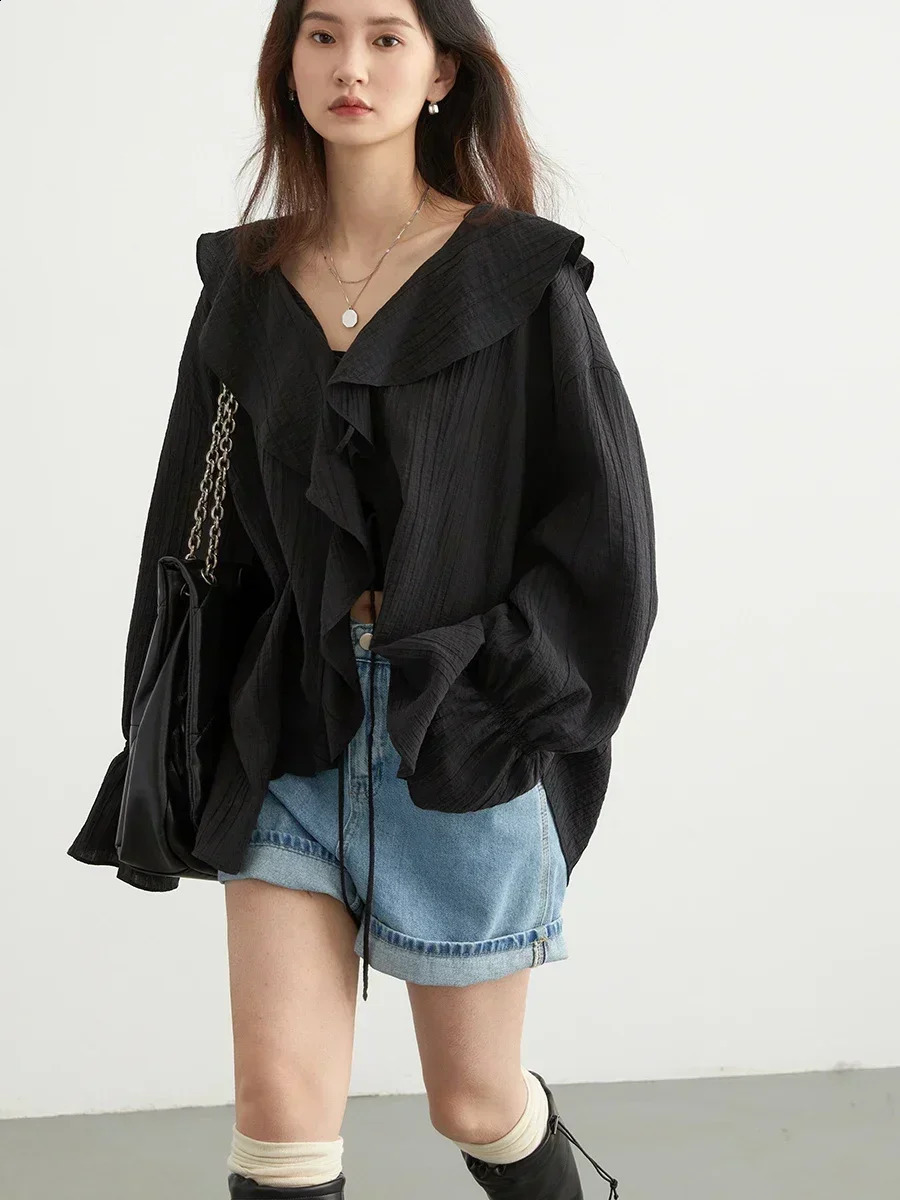 CHIC VEN Women Shirt Loose Casual Ruffled Edges Female Blouses V Neck Lace Up Mid Length Woman Shirts Spring Summer 250411