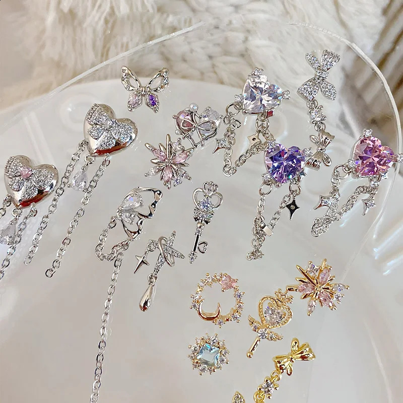 5 pieces of high-end heart-shaped zircon chain pendant butterfly moon star gold silver alloy copper strip zircon nail art decoration 250407