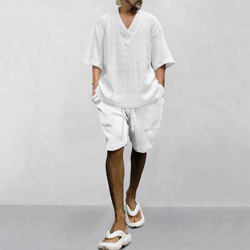 New casual loose one seventh sleeve jacquard V-neck top mens beach vacation set European size 2-piece setXJ250412