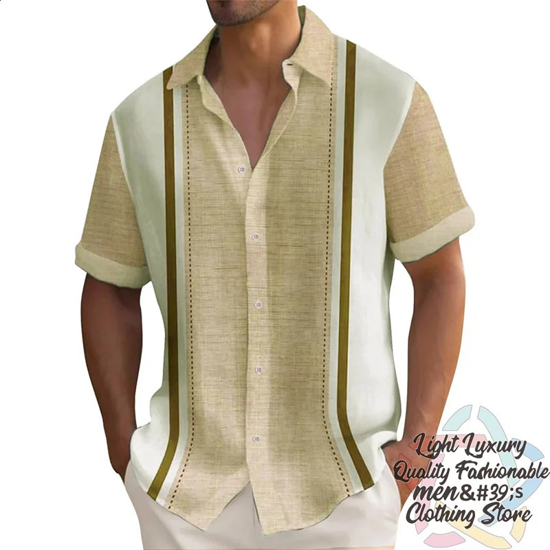 Mens shirts Summer striped linen print shirts Casual short-sleeved button Hawaiian shirts Oversized mens tops outfit collar 250411