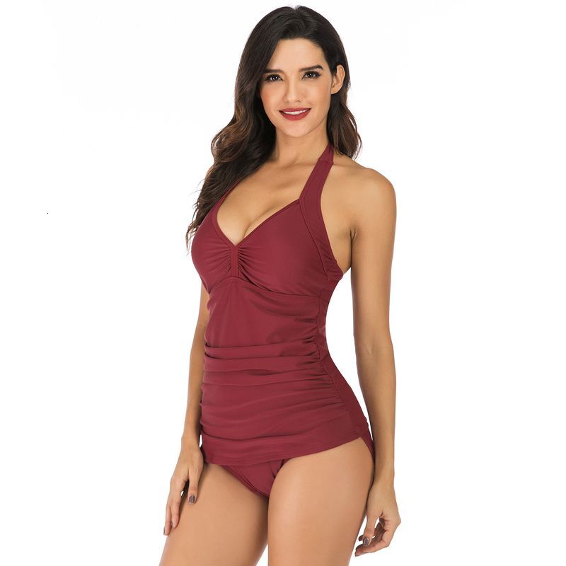 Spot Wholesale Cross Border 2025 Women's Solid Color Halter Neck European And American Sexy Split Swimsuit Female