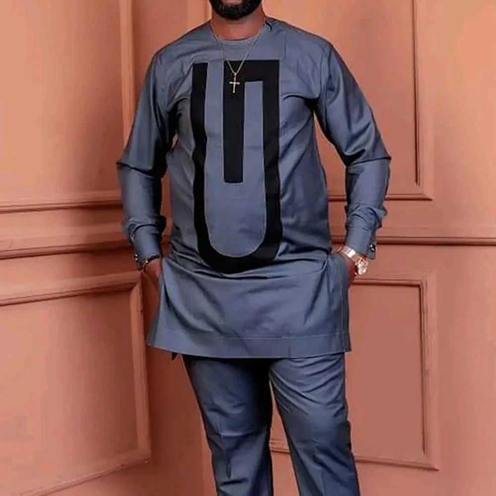 2025 mens elegant long sleeved suit shirt pants 2-piece round neck splicing solid color party long sleeved African ethnic styleXJ250412
