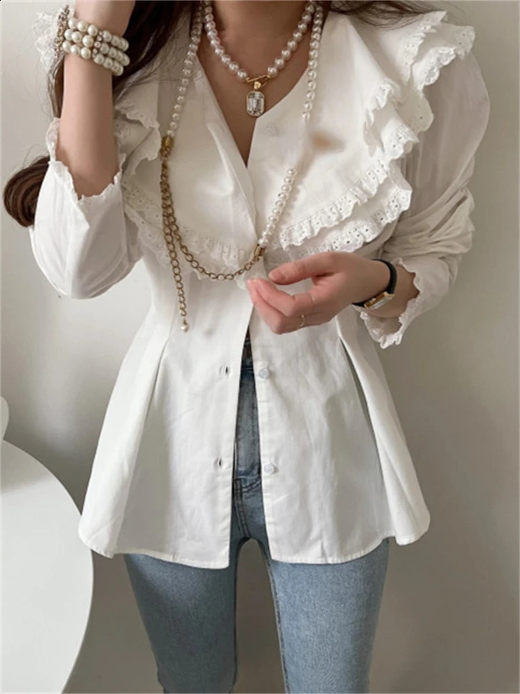 Summer Women Blouse Spring Shirt Female Woman Blouse Maxi Blusas Chiffon Casual Elegant Vintage Long Sleeve Oversize Loose White 250411