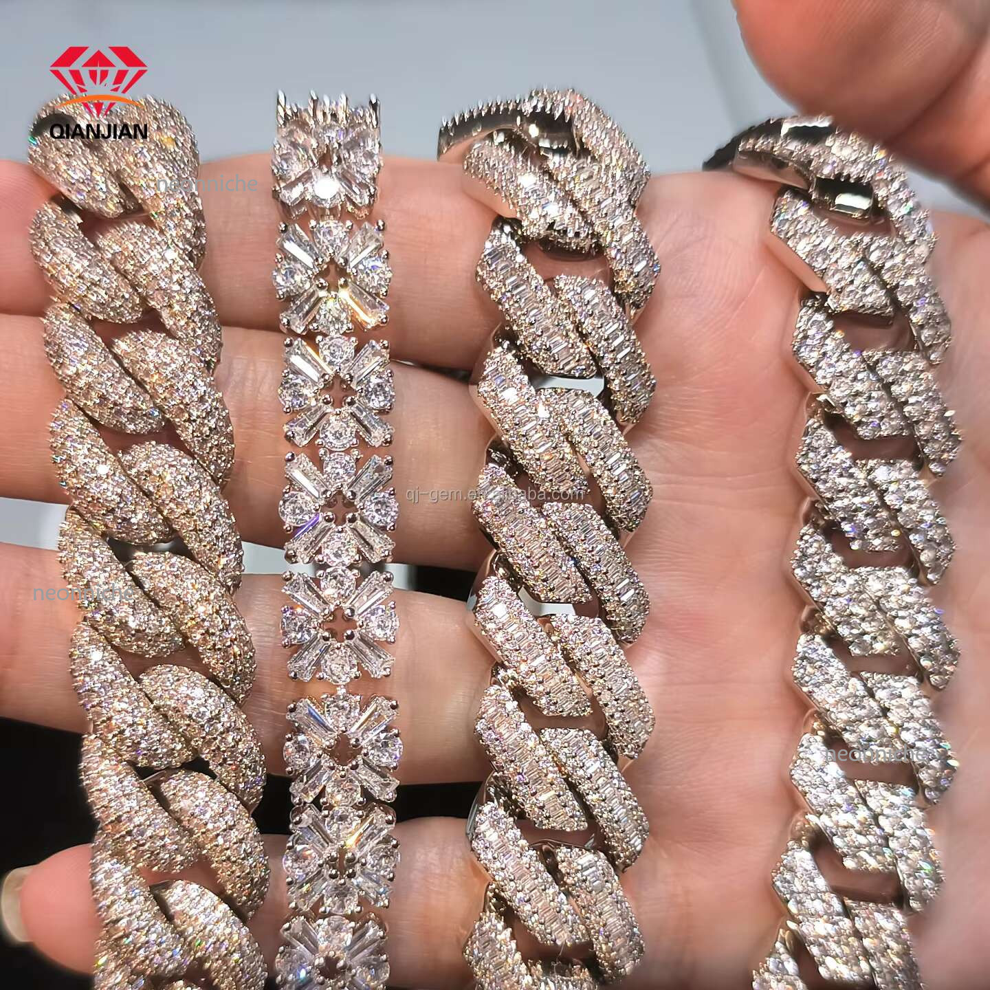 Qian Jian Hiphop Fashion Jewelry Sterg Sier k Chains VVS 6mm Iced Out Moissanite Dia Cuban Chain for Men's