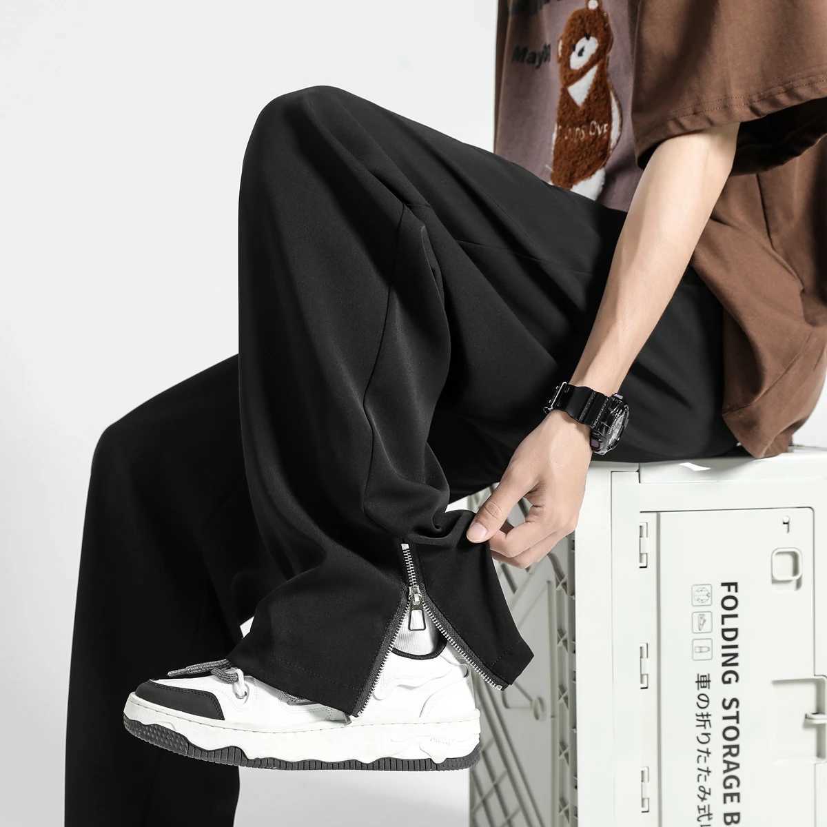 2024 summer new lightweight Korean mens casual suit pants straight loose sports pants soft split zipper design luggage Trouser W250411