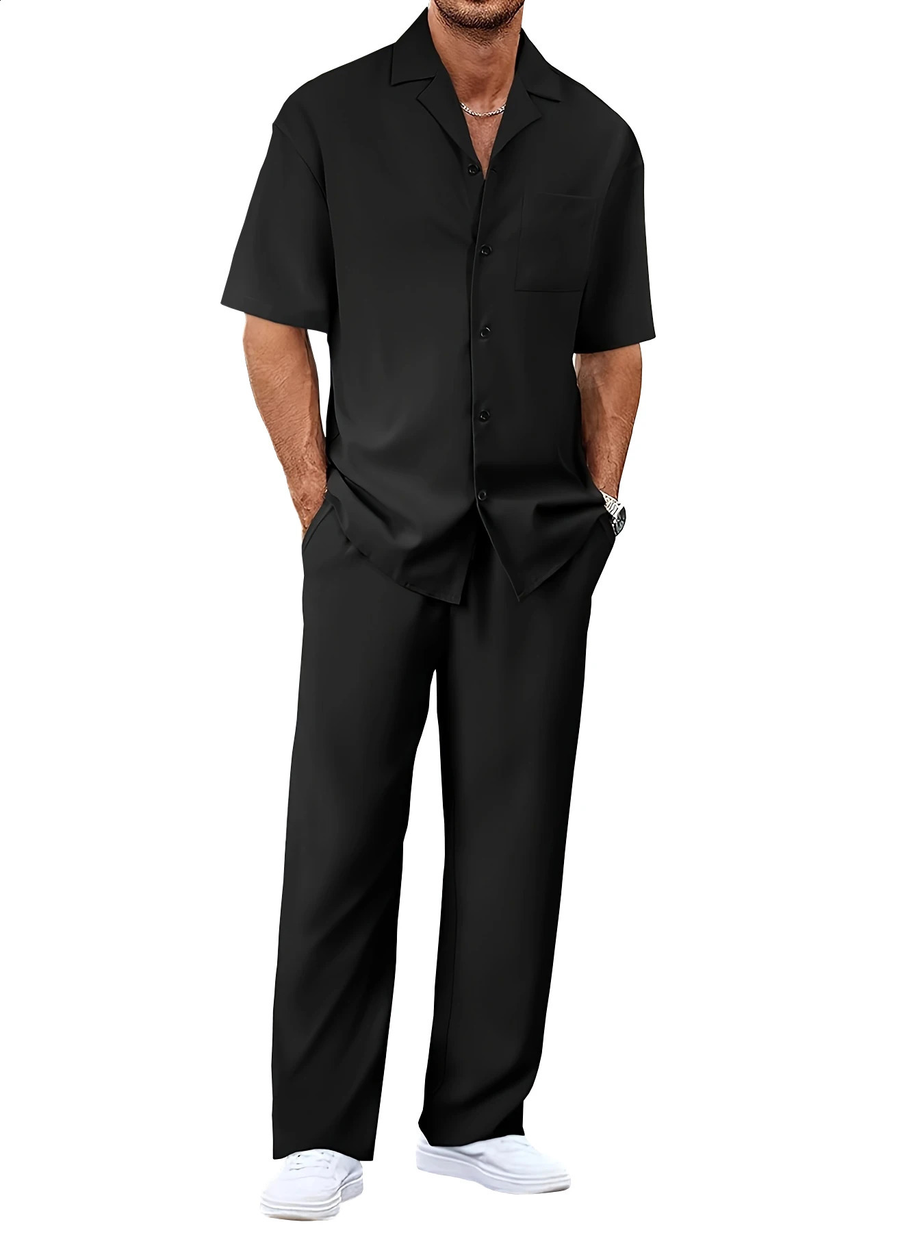 Mens suit collar short sleeved shirtloose straight leg pants set 250411