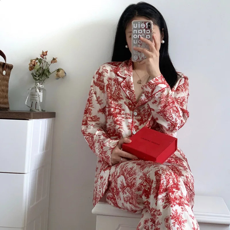 Fashion Print Flower 2PCS Pajamas Set Women Sleepwear Spring Summer Trouser Suits Lounge Wear Loose Satin Homewear Pijamas Suit 250411