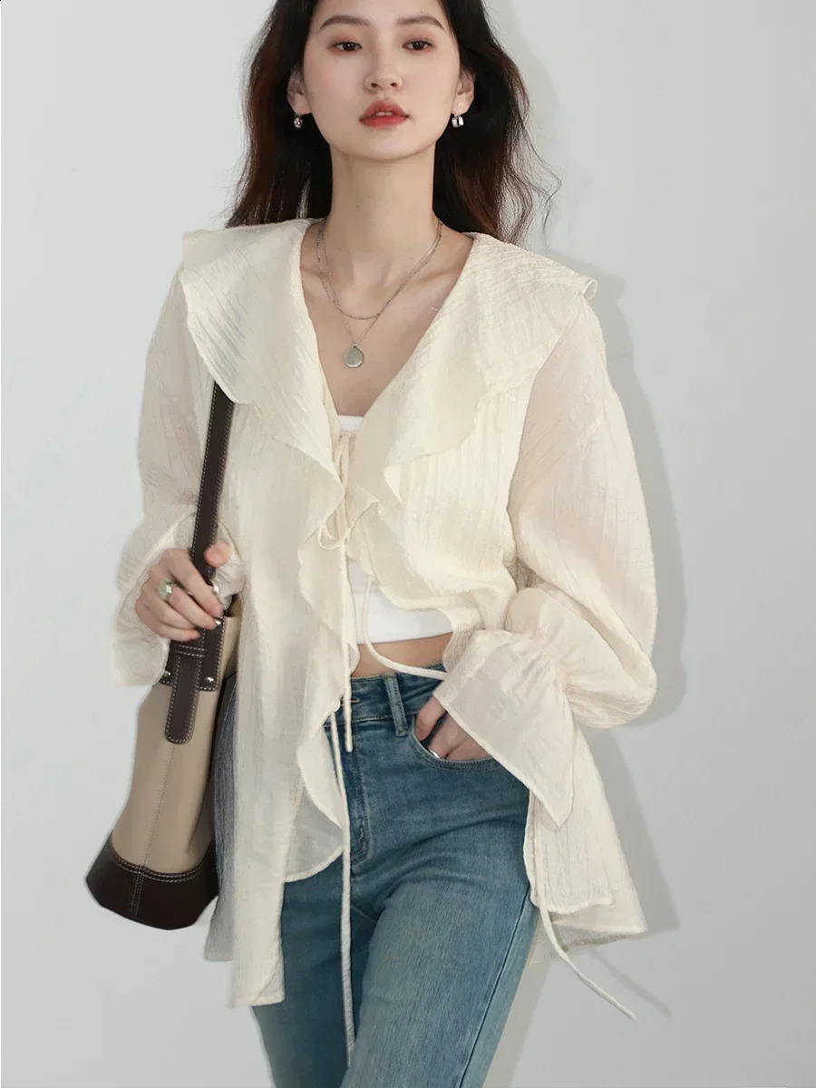 CHIC VEN Women Shirt Loose Casual Ruffled Edges Female Blouses V Neck Lace Up Mid Length Woman Shirts Spring Summer 250411