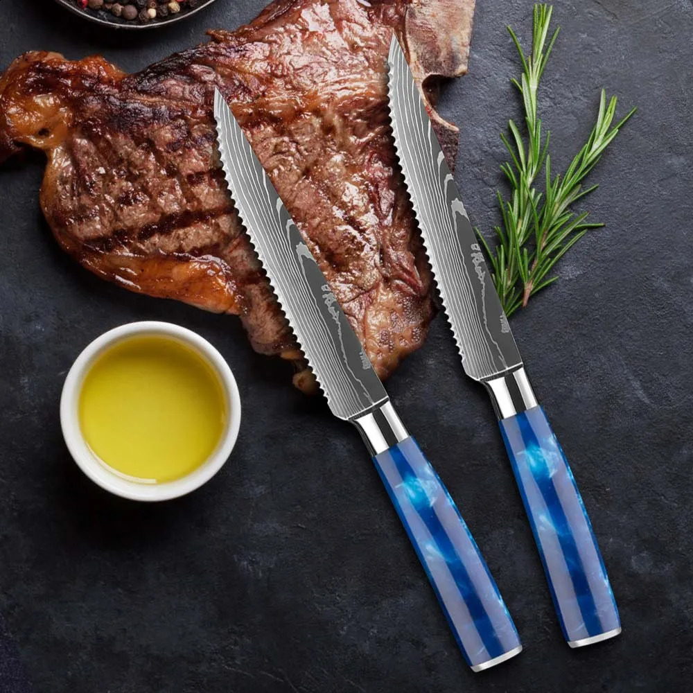 3/6/8 Pcs Steak Knives Set Damascus Stainless Steel Cleaver Slicing Knife Wood Handle Outdoor BBQ Picnic Meat Cutter 250410