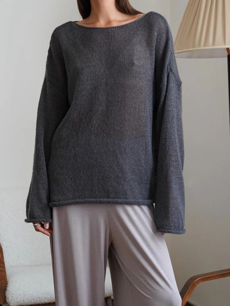 Spring Summer Hollow Knitted Oversized Sweater T Shirt Round Neck Long Sleeves Tops Loose Elegant Pullover for Women Clothing 250411