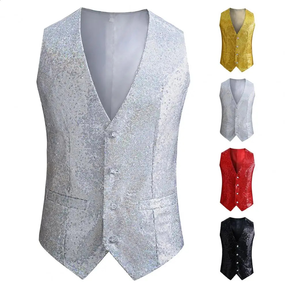 Mens Suit Vests Sequined Tank Top Suit Business Evening Wedding Party Blazer Button Waistcoat Shiny Gold Sequin Vest Jacket 250407