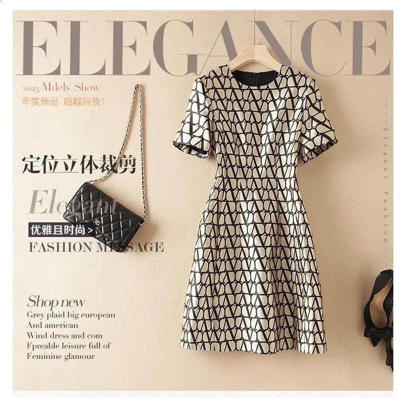 jacquard spring short sleeved dress highend elegant round neck slim fit summer Aline skiing 2024 250411