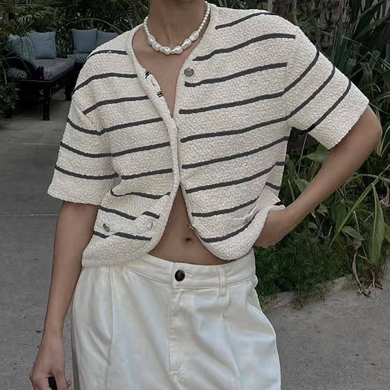 Valentine's Day Spring Summer Women's two-tone splicing striped casual vacation sweater top cardigan retro metal buckle design comfortable f