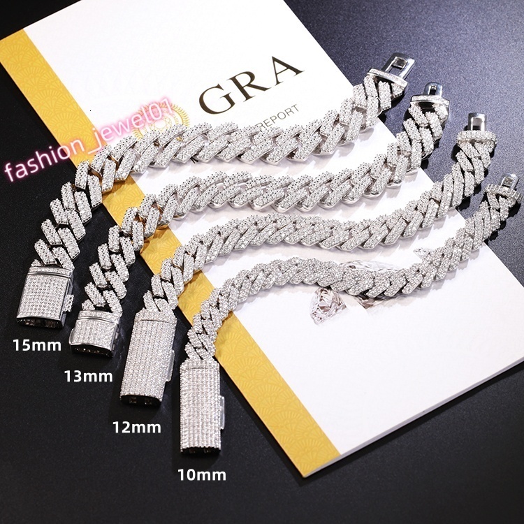 Hiphop 8mm-15mm Wide 2rows VVS Moissanite Diamond Chain S925 Sterling Silver Cuban Link Chain Cuban Bracelet