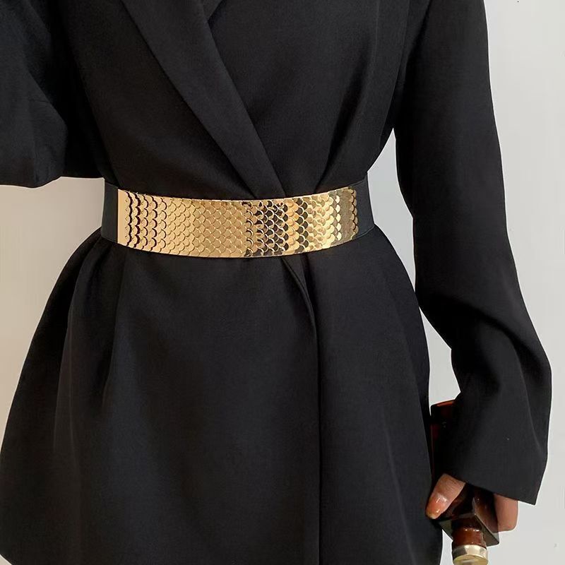 Fashionable waist seal, women's wide waistband, personalized metal fish scale decoration dress with versatile coat, elastic belt