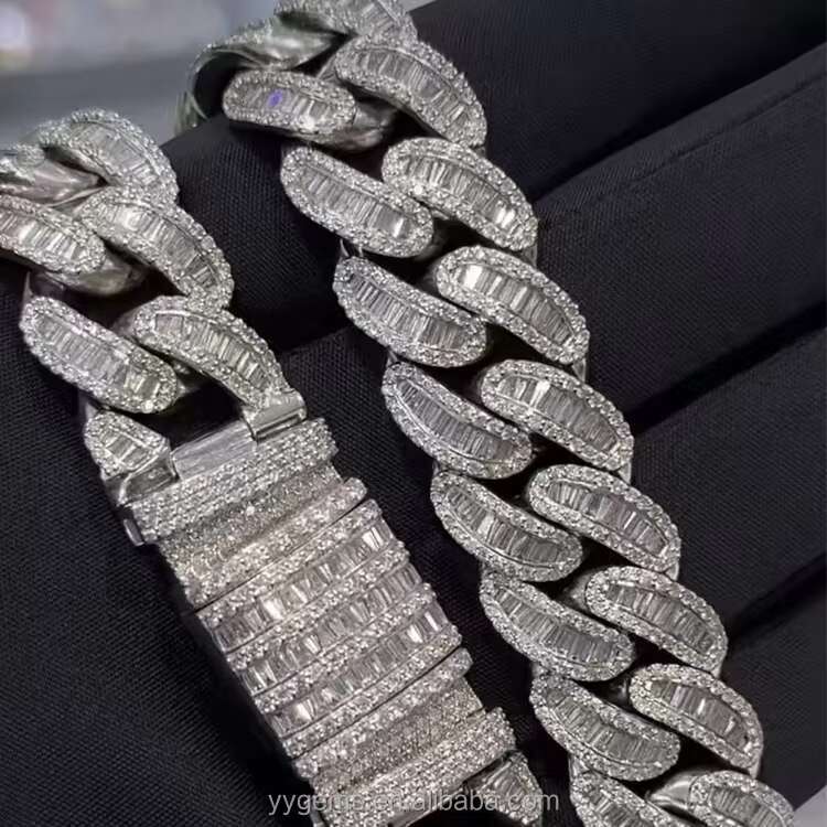 New Arrival Baguette Moissanite Cuban Link Chain Rapper Necklace 18mm S925 Silver VVS Baguette Moissanite Cuban Chain for Men