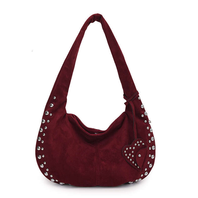 2024 Autumn/Winter New Deer Skin Velvet Women's Bag Single Shoulder Diagonal Cross Rivet Matte Crescent Underarm Casual Tote Handbag
