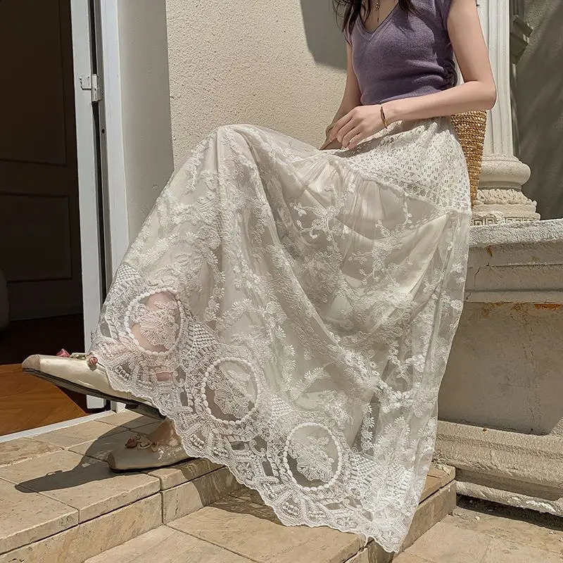 Chinese Style Chinese Style Lace Skirt Womens High-waisted Temperament Solid Color Skirt Long Skirt 250411