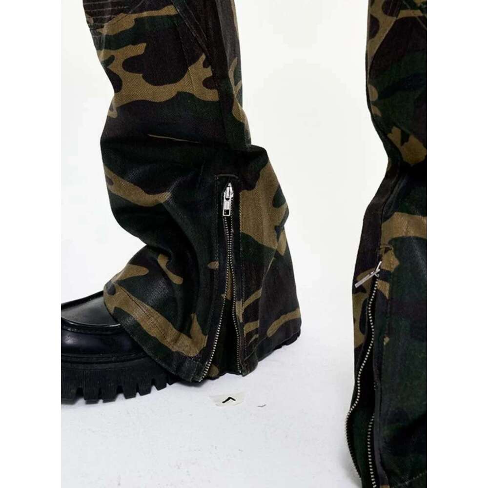 Splicing Brush Wax Locomotive Coating Micro-Pull Camouflage Men Street Wear Cargo Pants