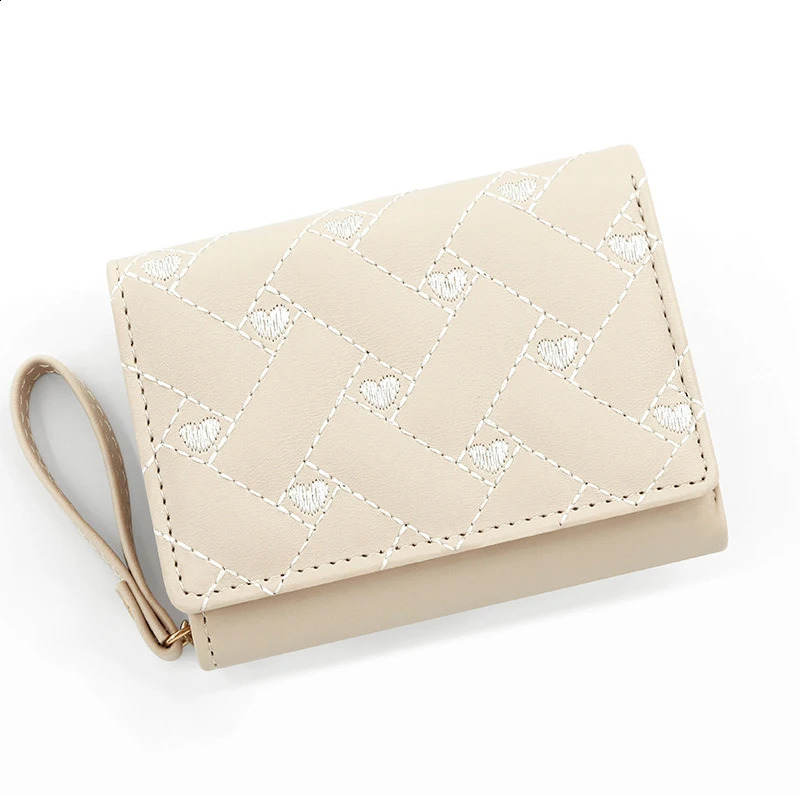 Womens large capacity cute wallet PU three fold card bag with multiple pockets short wallet fashion embroidery love pattern wallet 250411