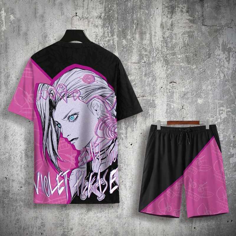 Mens T-shirt and shorts set anime Arcane Jinx 3D printed Tracksuit set plus size sportswear Street TShire two-piece setXJ250412