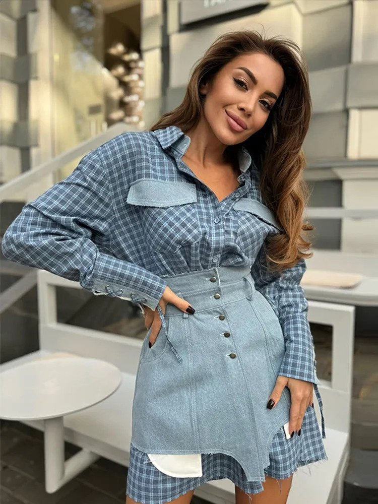 Lapel Color Blocked Shirt Waist Cinching Irregular Hem Short Skirt Set Woman Loose Long Plaid Shirt Patchwork Women Denim Suits 250411