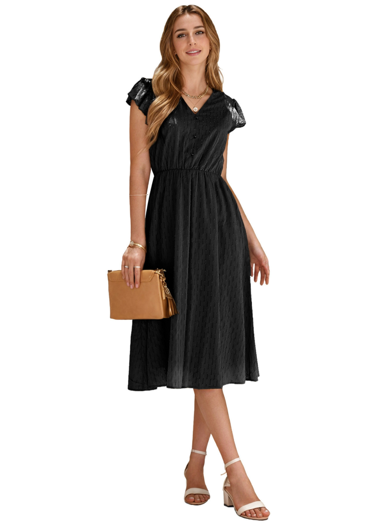H616Spring and summer new European and American leisure solid color V-neck waist fresh style women's dress