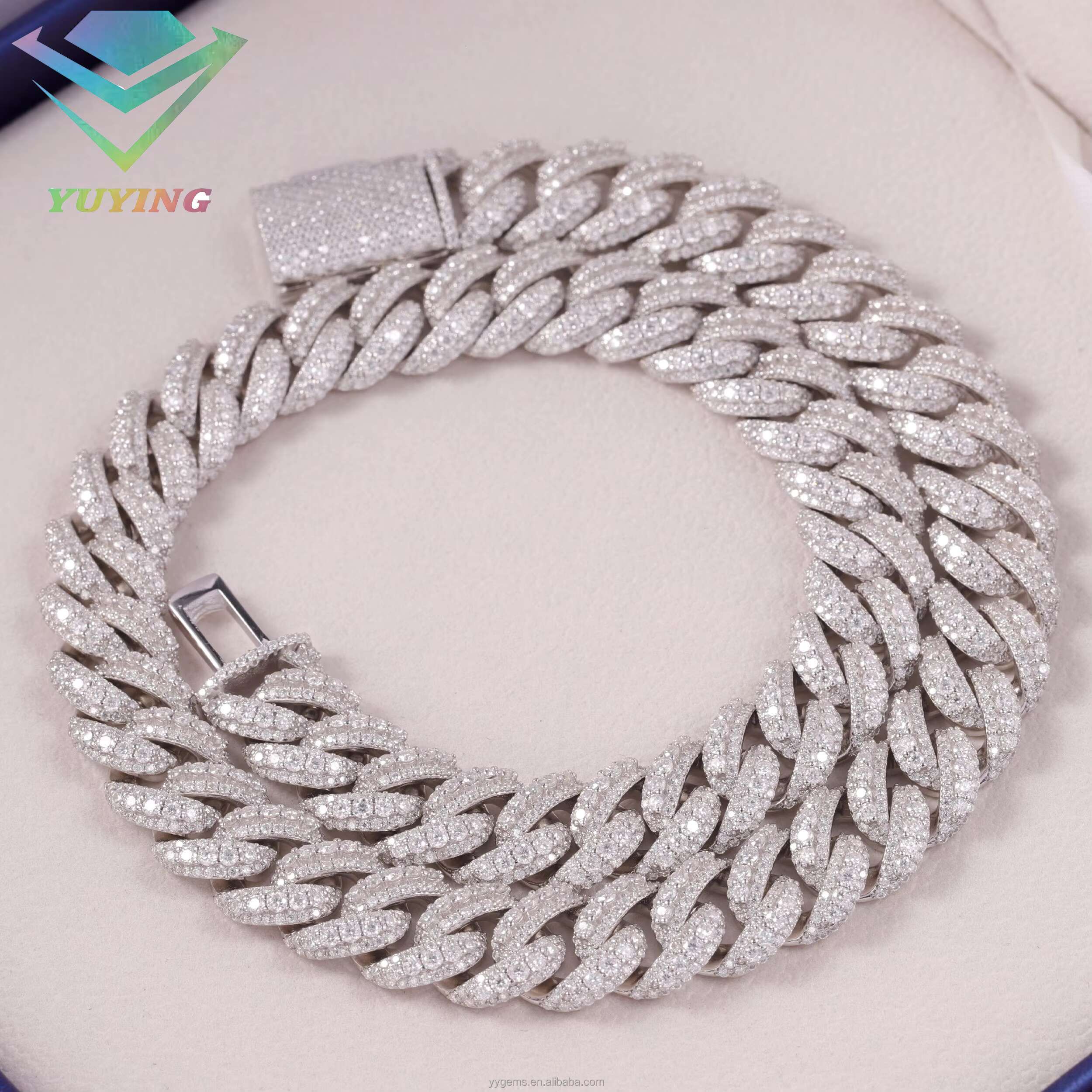 Large Moissanite Middle 14/16/18MM Wide Iced Out 3 Rows Cuban Link Chains Gold Plated 925 Silver VVS Moissanite Hip Hop Chains